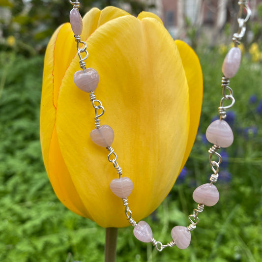 Rose Quartz Hearts Beaded Choker